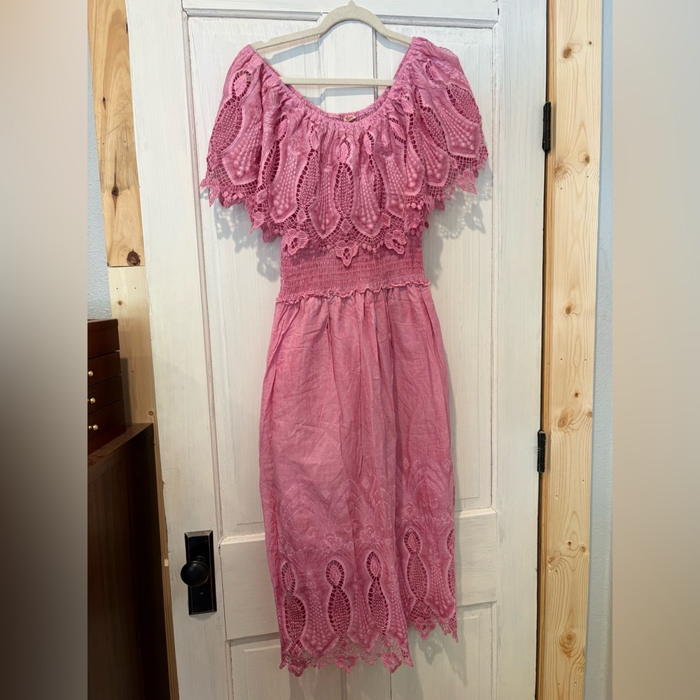 Reba Pink Lace Off-Shoulder Midi Dress